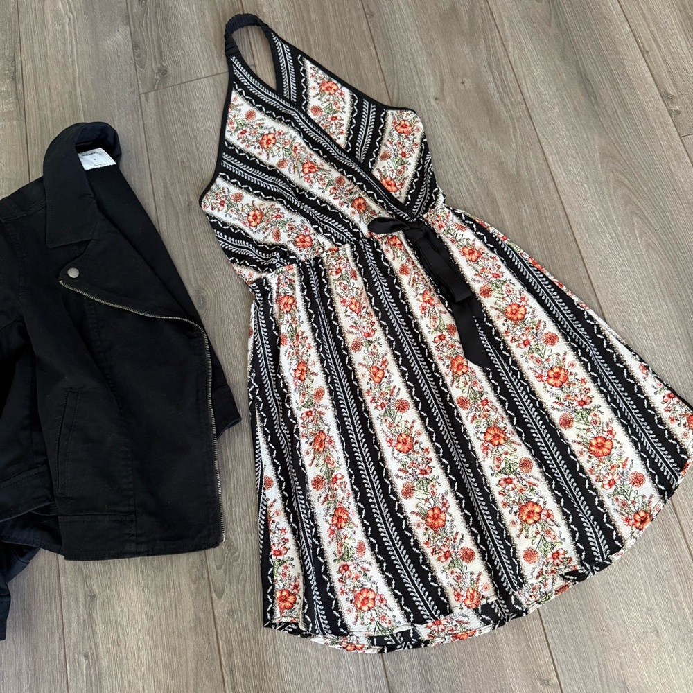 Monteau Black and White Floral Stripe Mini Dress with Red Accents